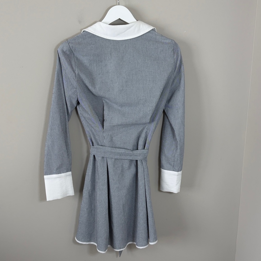 Club L BEATRIZ Grey Linen Pinstripe Mini Shirt Dress Long Sleeves Belted Sz 2 - Picture 9 of 15